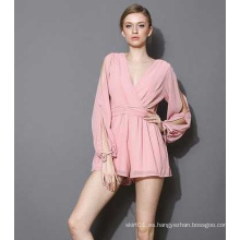 OEM 100% Chiffon Ladies Romper Sexy manga larga mujeres Jumpsuite